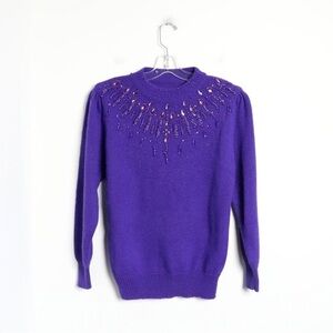 Vintage beaded knit sweater electric purple  embellished long sleeve 80s warm M